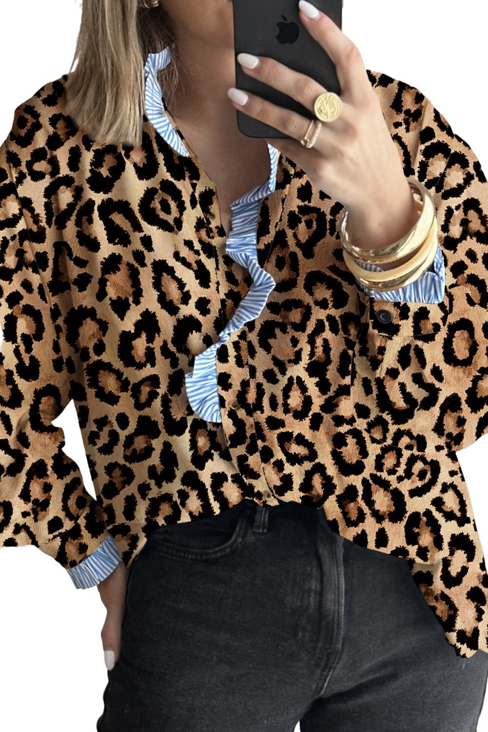 Brown Leopard Print Striped Frill Neck Button Long Sleeve Shirt - MAD RUFFI