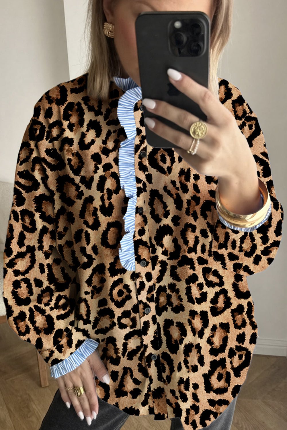 Brown Leopard Print Striped Frill Neck Button Long Sleeve Shirt - MAD RUFFI