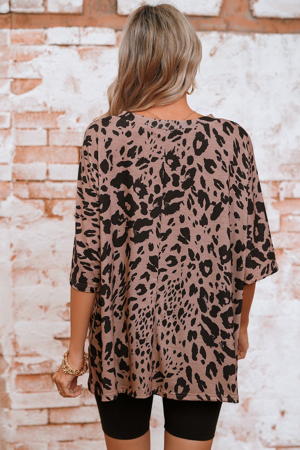 Brown Leopard Print V Neck Half Sleeve Oversized Tee - MAD RUFFI