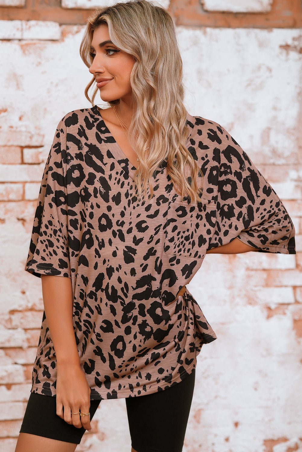 Brown Leopard Print V Neck Half Sleeve Oversized Tee - MAD RUFFI