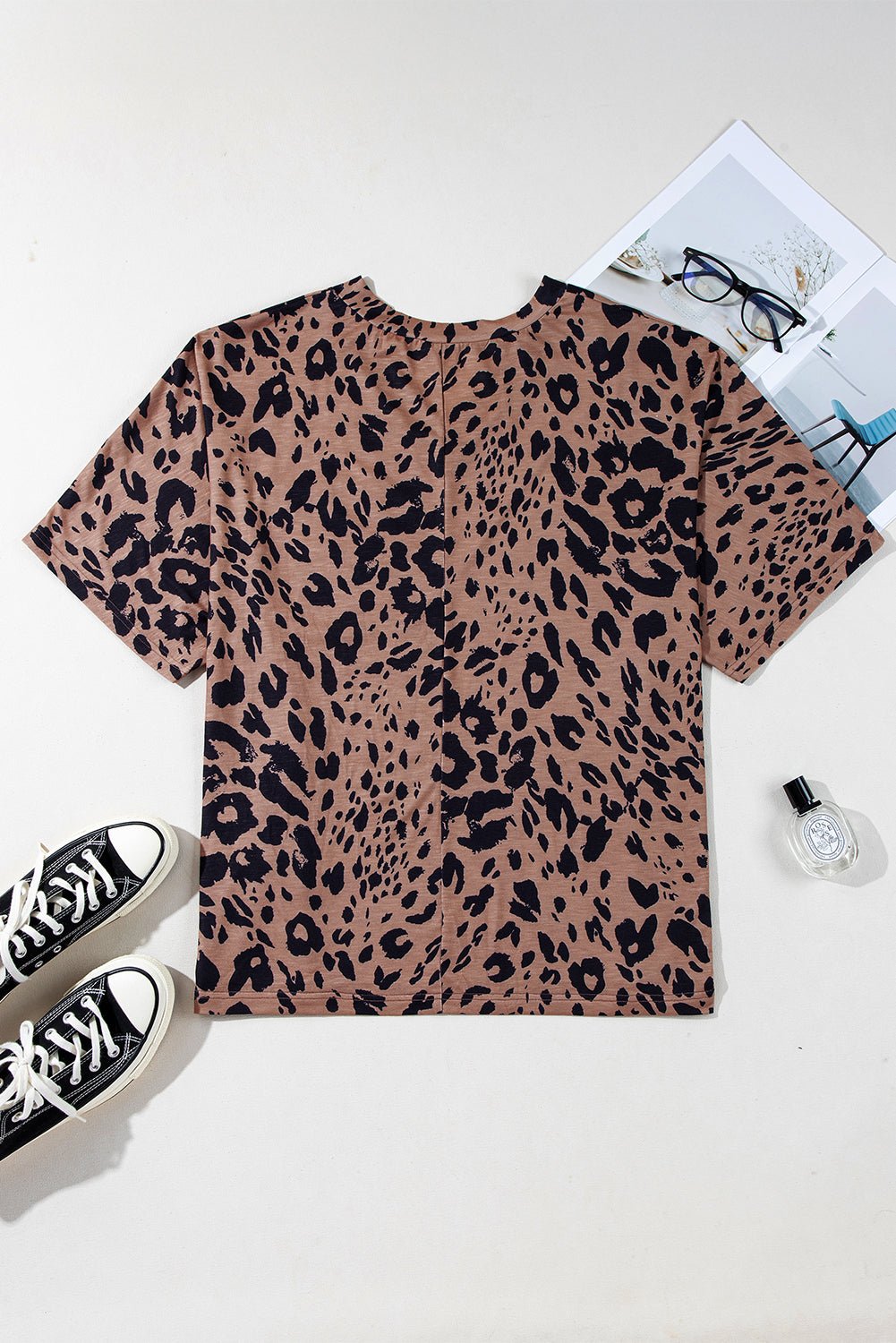 Brown Leopard Print V Neck Half Sleeve Oversized Tee - MAD RUFFI