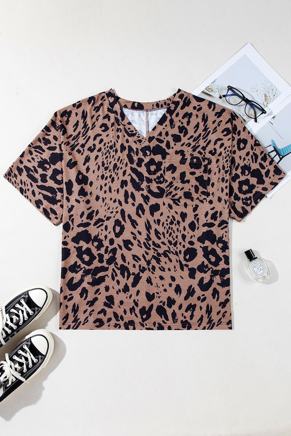 Brown Leopard Print V Neck Half Sleeve Oversized Tee - MAD RUFFI