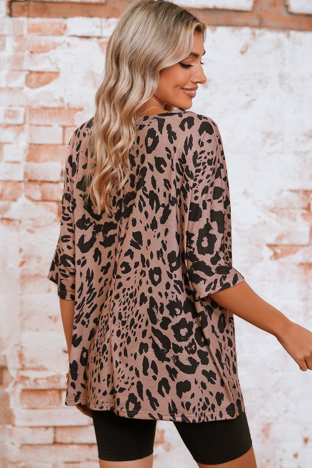 Brown Leopard Print V Neck Half Sleeve Oversized Tee - MAD RUFFI