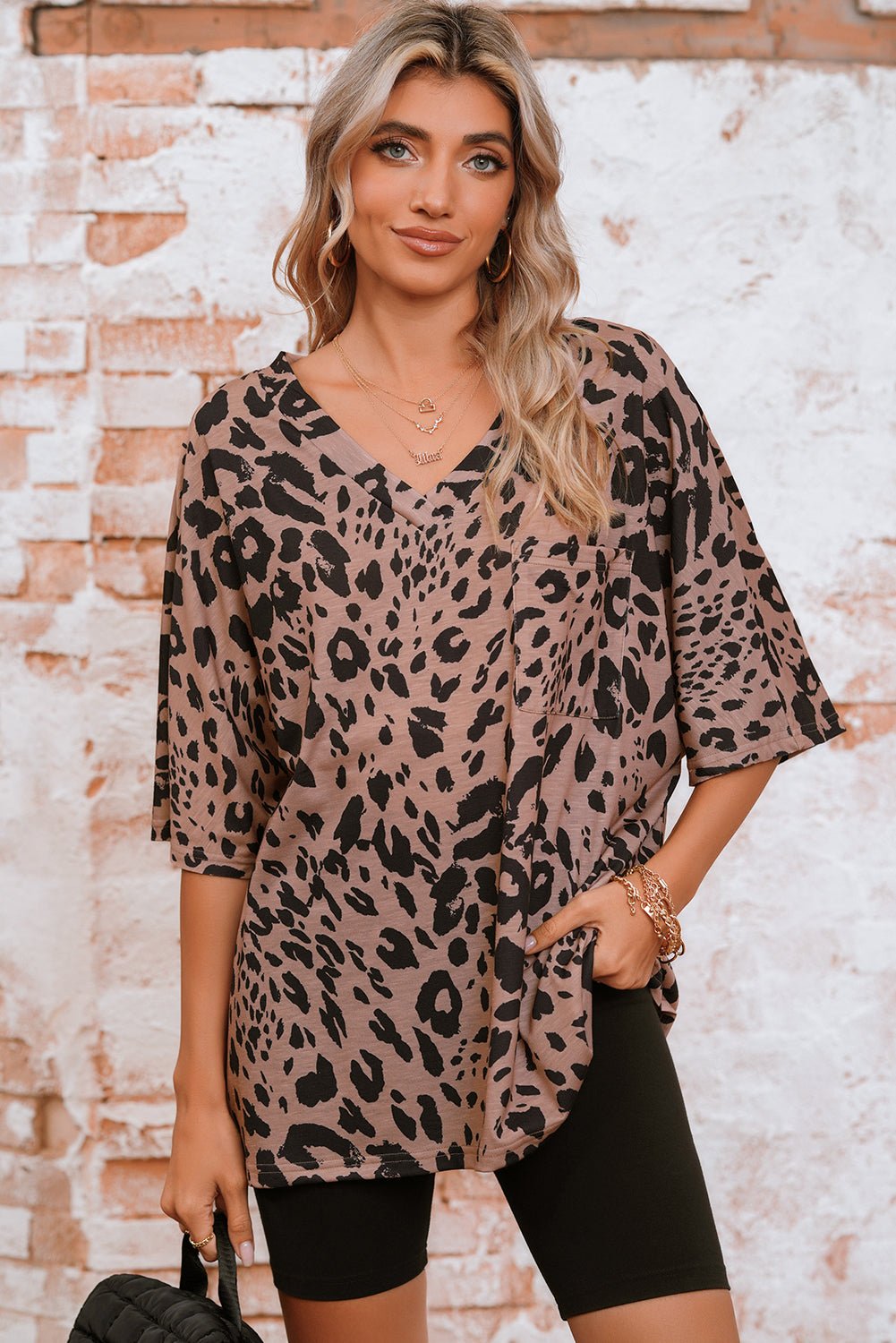Brown Leopard Print V Neck Half Sleeve Oversized Tee - MAD RUFFI
