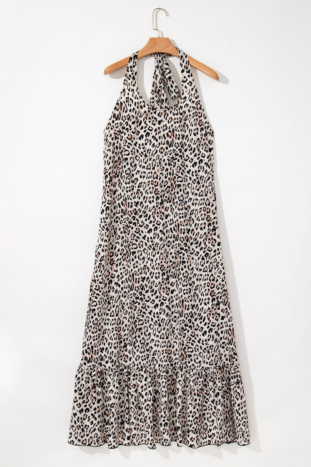 Brown Leopard Printed Halter Neck Backless Ruffled Hem Maxi Dress - Maxi Dresses