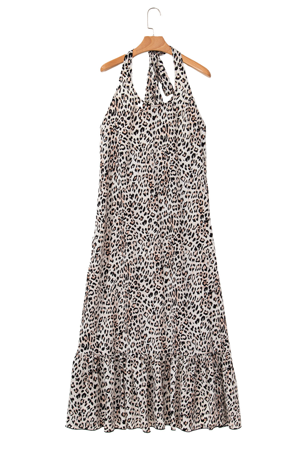 Brown Leopard Printed Halter Neck Backless Ruffled Hem Maxi Dress - Maxi Dresses