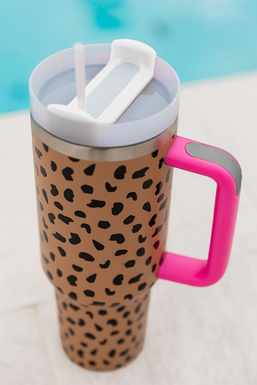 Brown Leopard Printed Handled Cup with Straw 40oz - MAD RUFFI