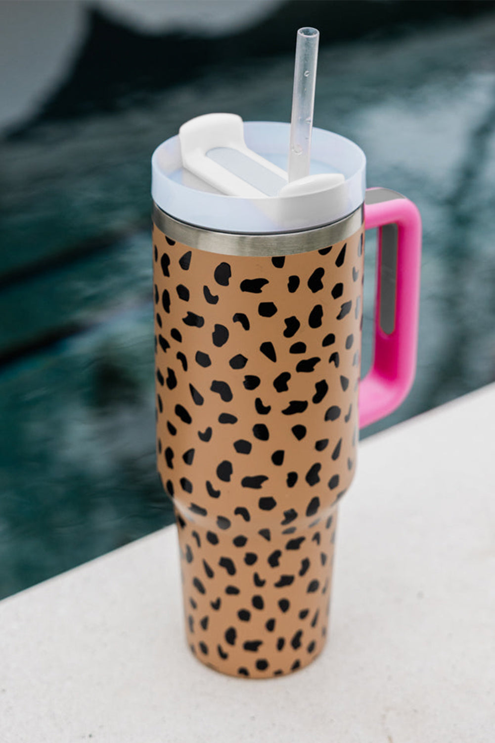 Brown Leopard Printed Handled Cup with Straw 40oz - MAD RUFFI