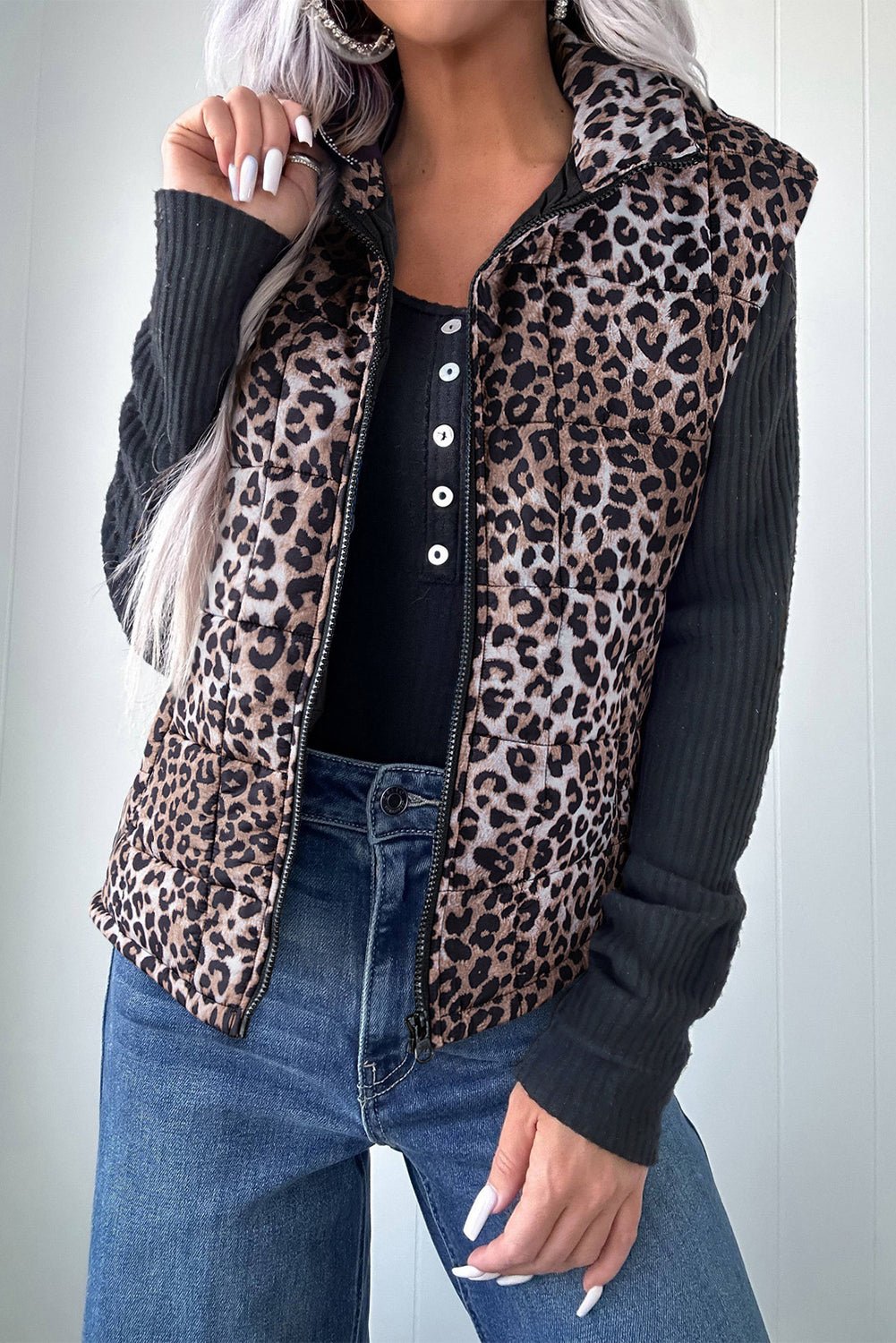 Brown Leopard Quilted Full Zipper Casual Puff Vest - MAD RUFFI