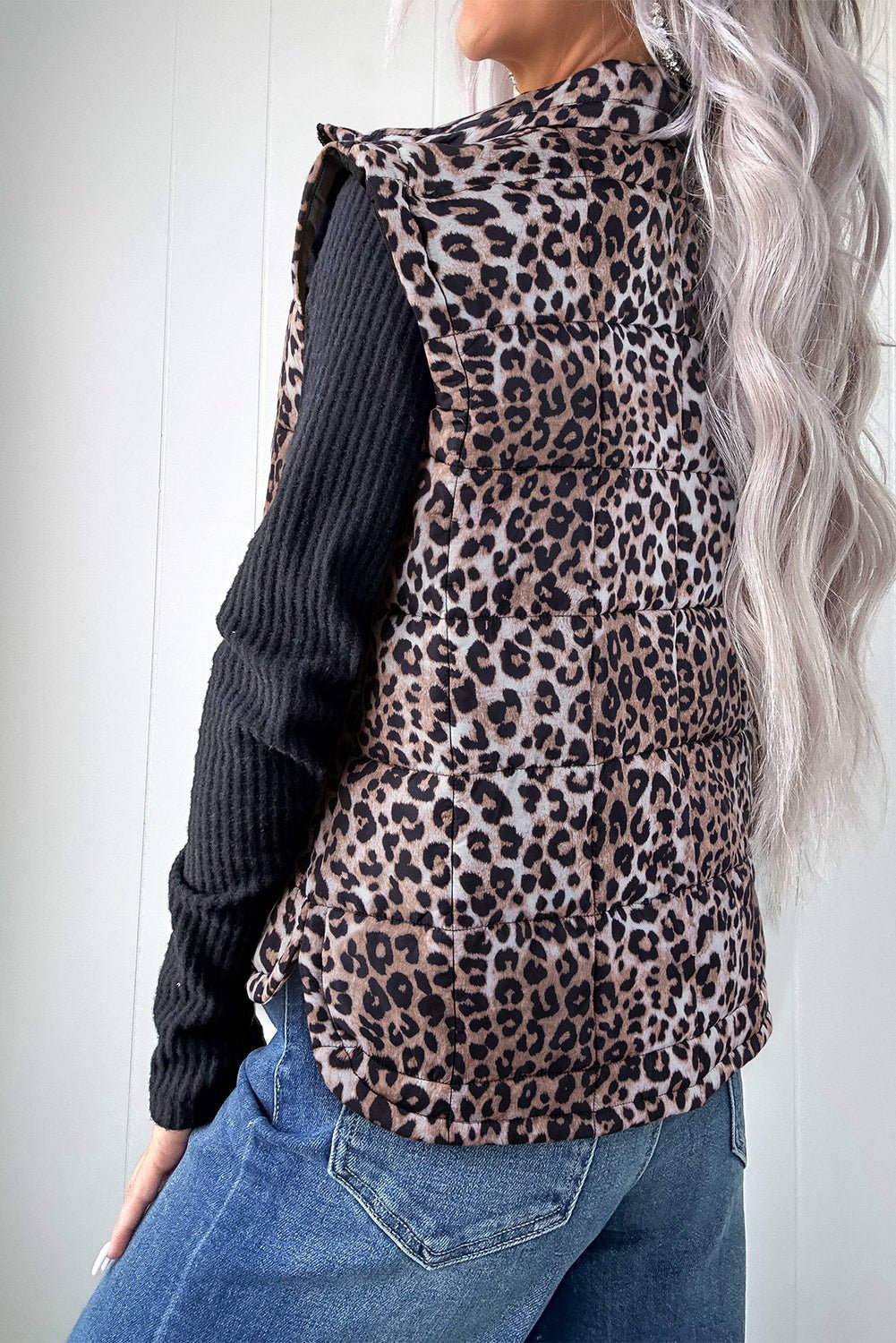 Brown Leopard Quilted Full Zipper Casual Puff Vest - MAD RUFFI