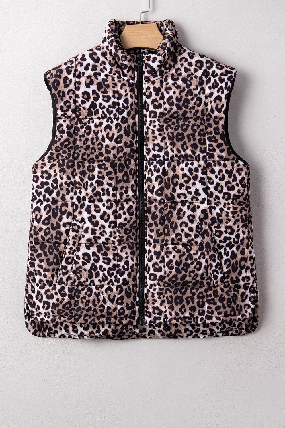 Brown Leopard Quilted Full Zipper Casual Puff Vest - MAD RUFFI