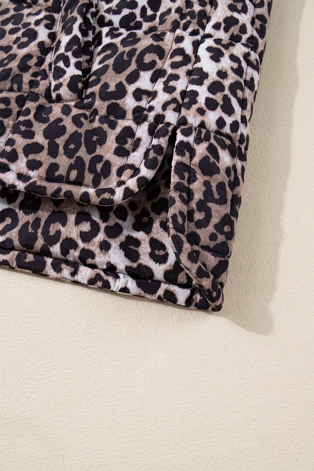 Brown Leopard Quilted Full Zipper Casual Puff Vest - MAD RUFFI