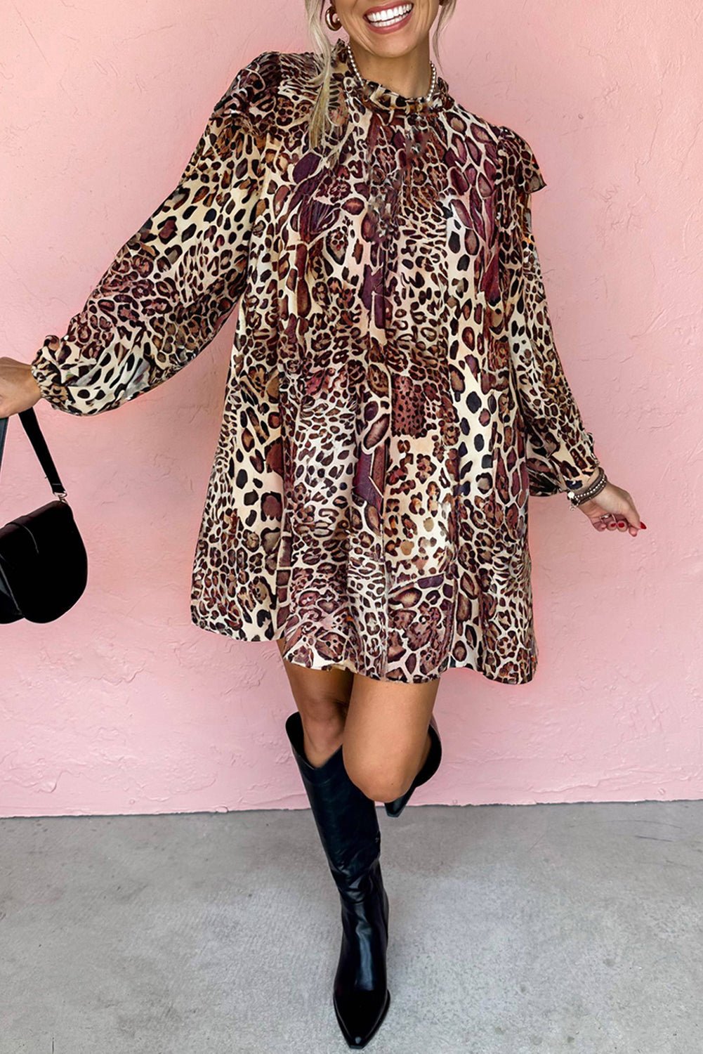 Brown Leopard Ruffled Detail Long Sleeve Loose Mini Dress - MAD RUFFI