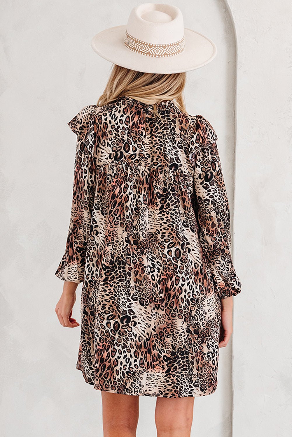 Brown Leopard Ruffled Detail Long Sleeve Loose Mini Dress - MAD RUFFI