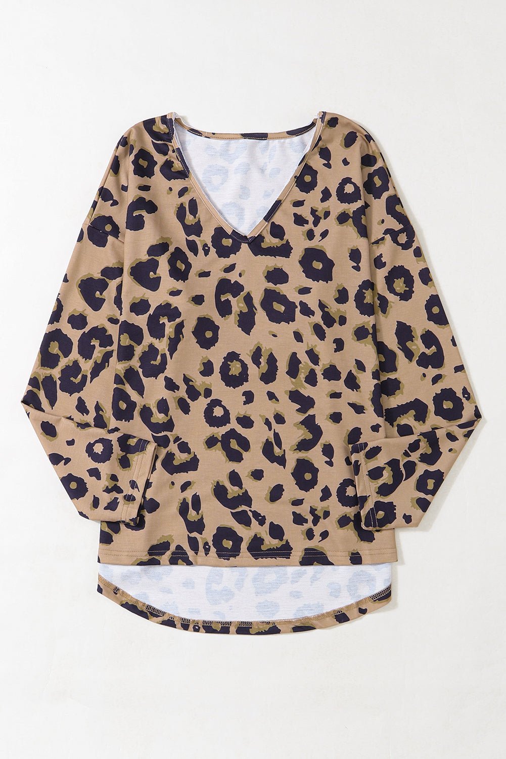 Brown Leopard Split V Neck Long Sleeve Shirt - MAD RUFFI