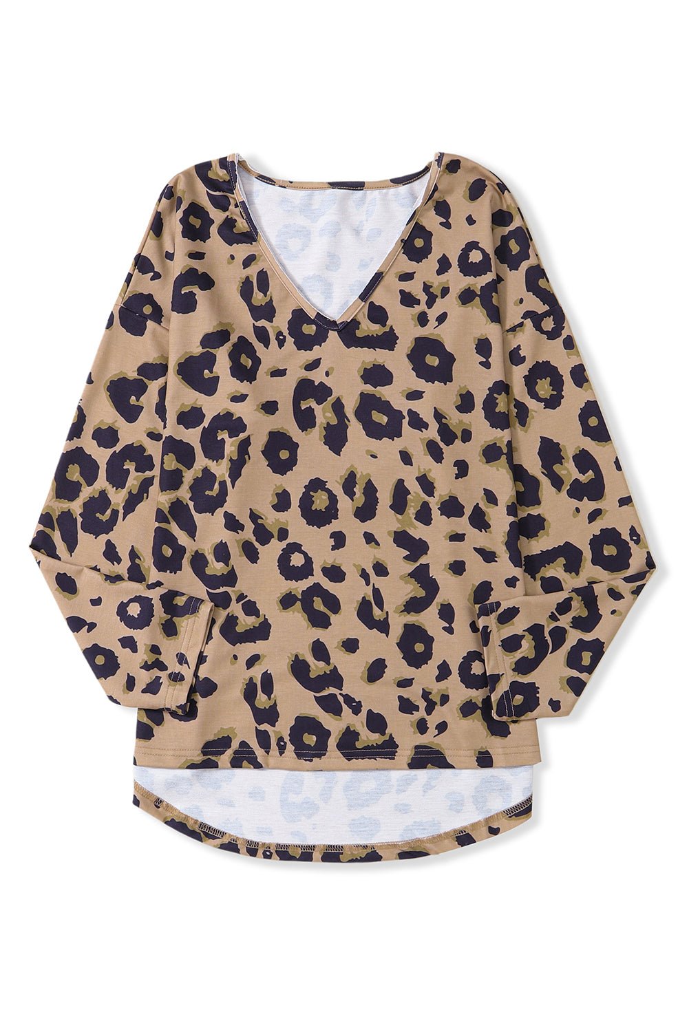 Brown Leopard Split V Neck Long Sleeve Shirt - MAD RUFFI