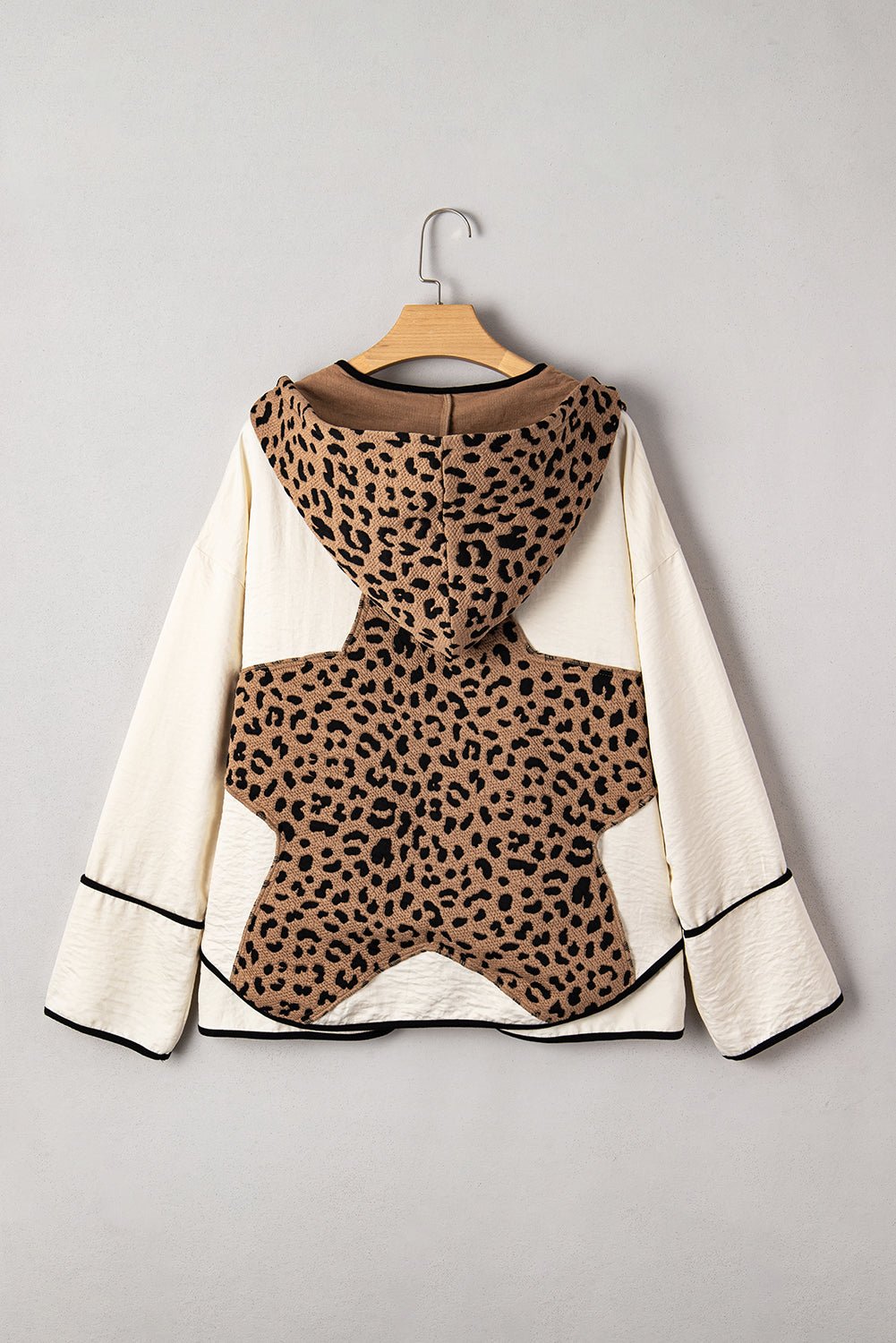 Brown Leopard Star Hooded Patchwork Contrast Piping Open Front Jacket - MAD RUFFI