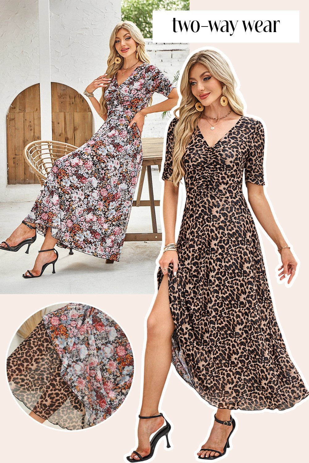 Brown Mesh Leopard Floral Reversible Ruched V Neck Maxi Dress - MAD RUFFI