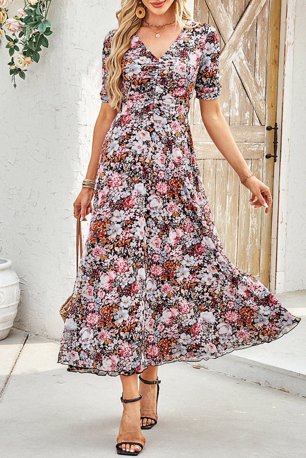 Brown Mesh Leopard Floral Reversible Ruched V Neck Maxi Dress - MAD RUFFI