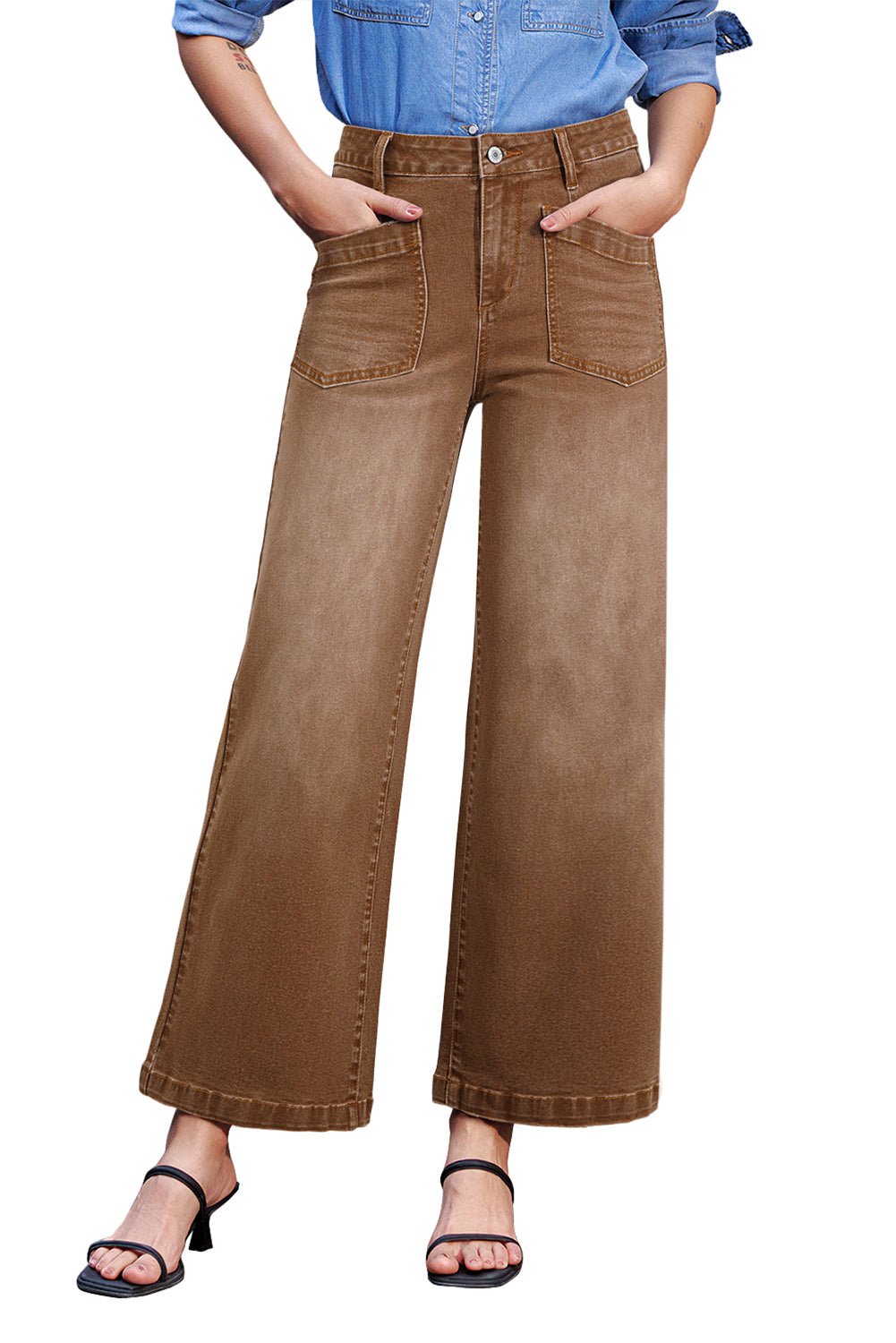 Brown Minimalist Patch Pocket High Waist Shift Jeans - MAD RUFFI