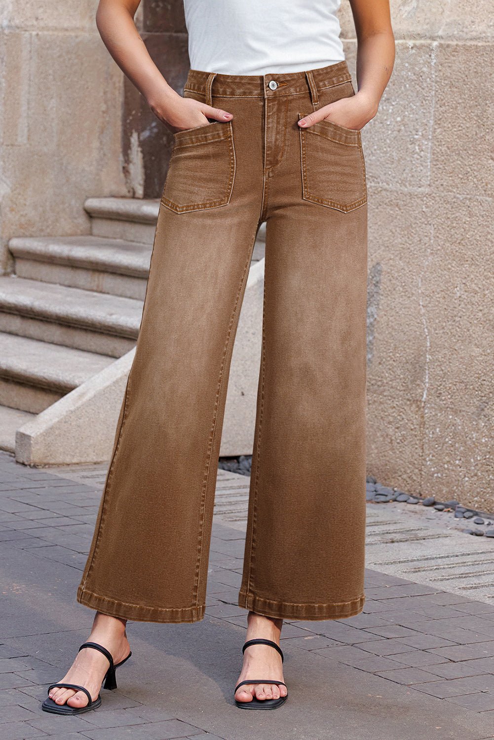Brown Minimalist Patch Pocket High Waist Shift Jeans - MAD RUFFI
