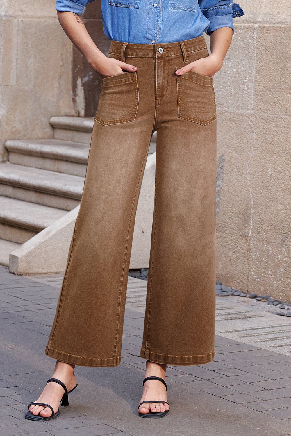 Brown Minimalist Patch Pocket High Waist Shift Jeans - MAD RUFFI