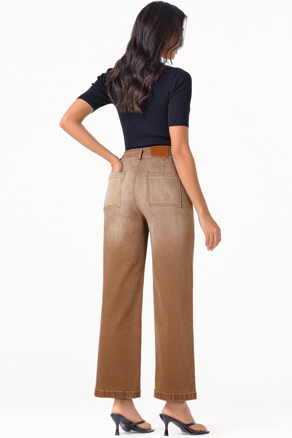 Brown Minimalist Patch Pocket High Waist Shift Jeans - MAD RUFFI