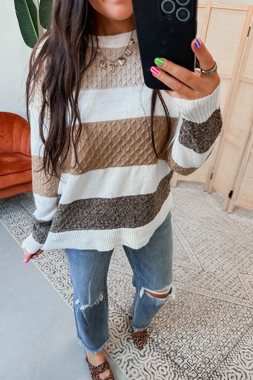 Brown Mixed Texture Knit Striped Colorblock Loose Sweater - MAD RUFFI