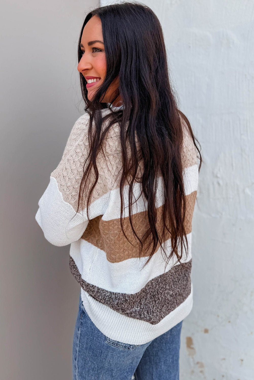 Brown Mixed Texture Knit Striped Colorblock Loose Sweater - MAD RUFFI