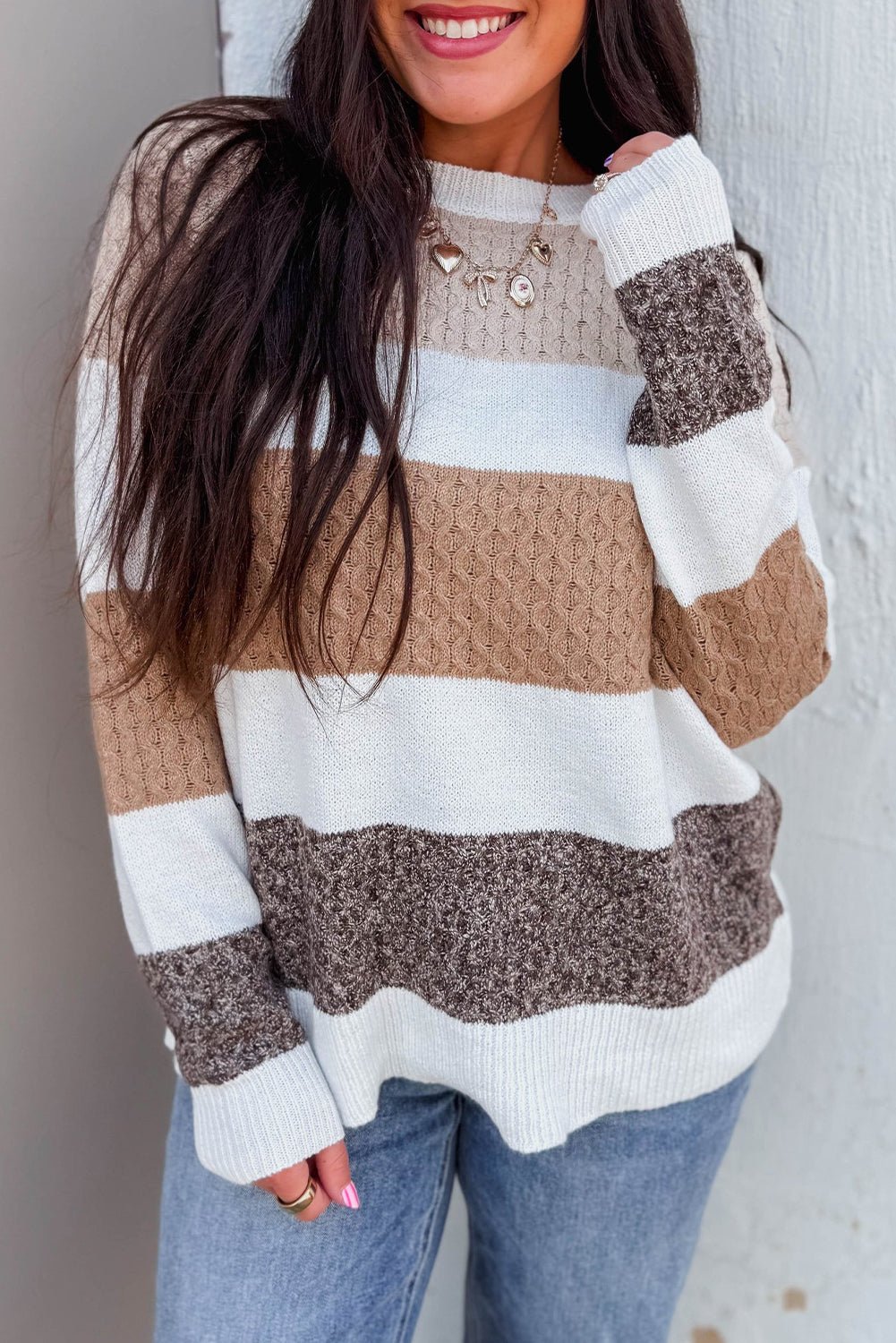 Brown Mixed Texture Knit Striped Colorblock Loose Sweater - MAD RUFFI