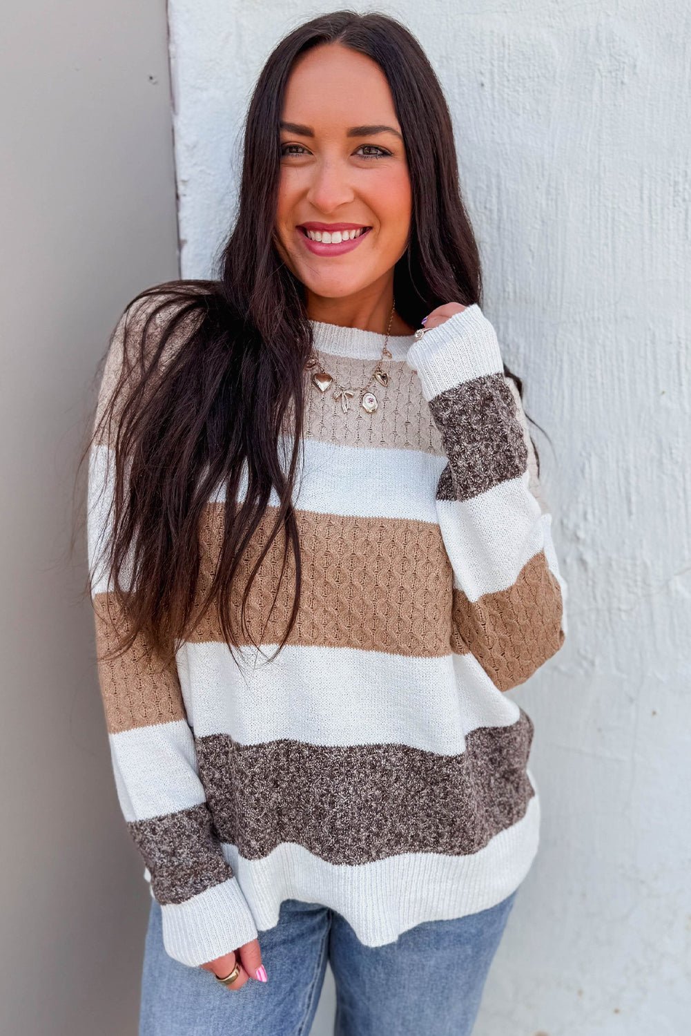 Brown Mixed Texture Knit Striped Colorblock Loose Sweater - MAD RUFFI