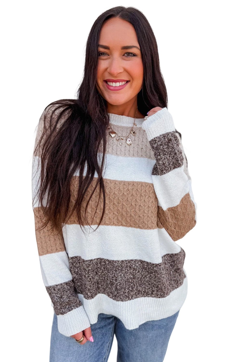 Brown Mixed Texture Knit Striped Colorblock Loose Sweater - MAD RUFFI