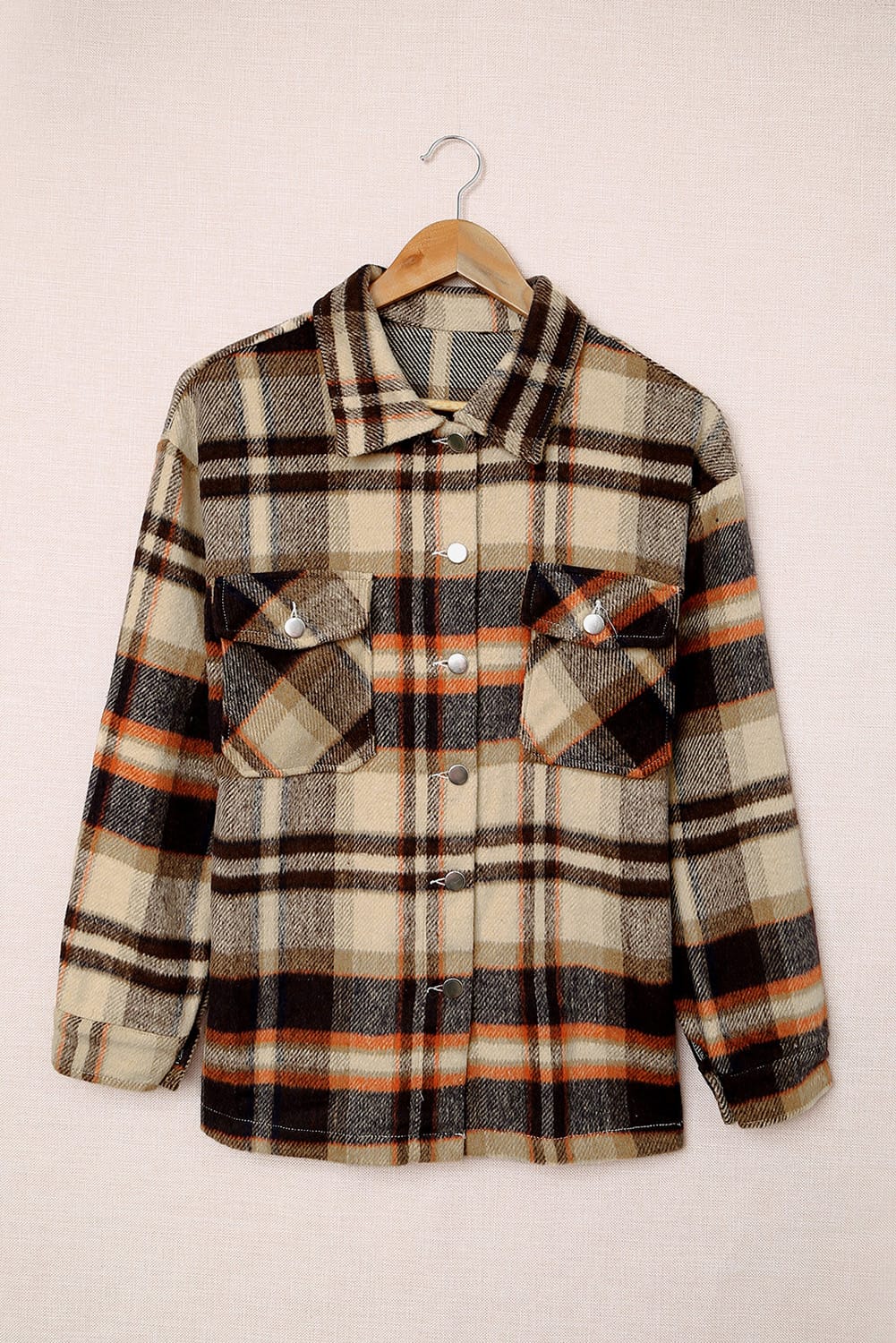 Brown Plaid Button Up Long Sleeve Flannel Shacket - MAD RUFFI
