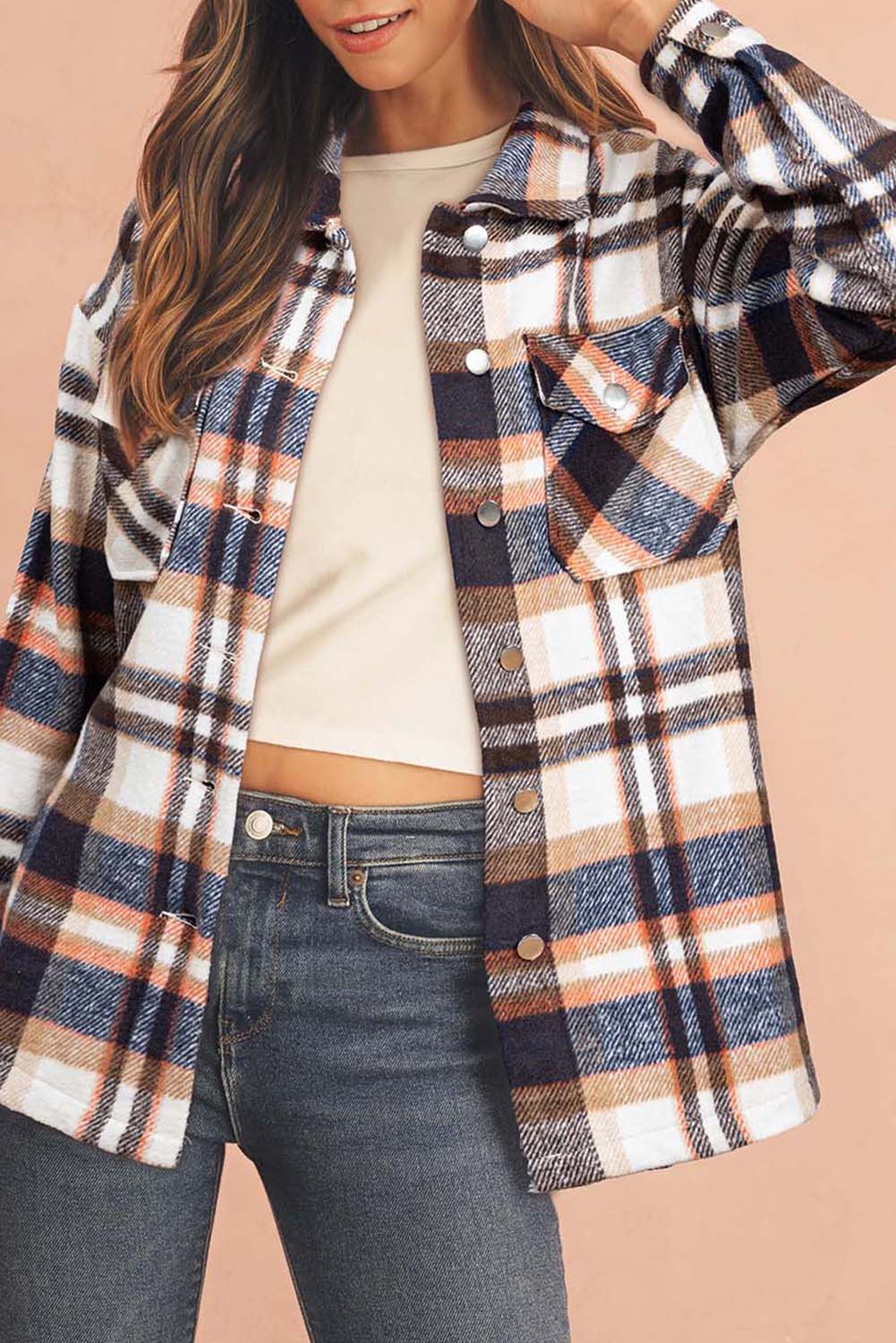 Brown Plaid Button Up Long Sleeve Flannel Shacket - MAD RUFFI