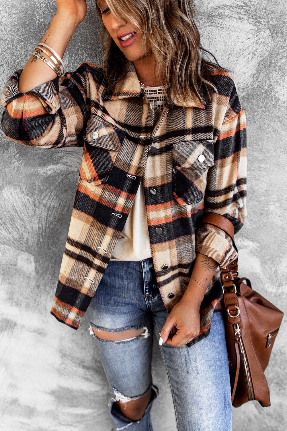 Brown Plaid Button Up Long Sleeve Flannel Shacket - MAD RUFFI