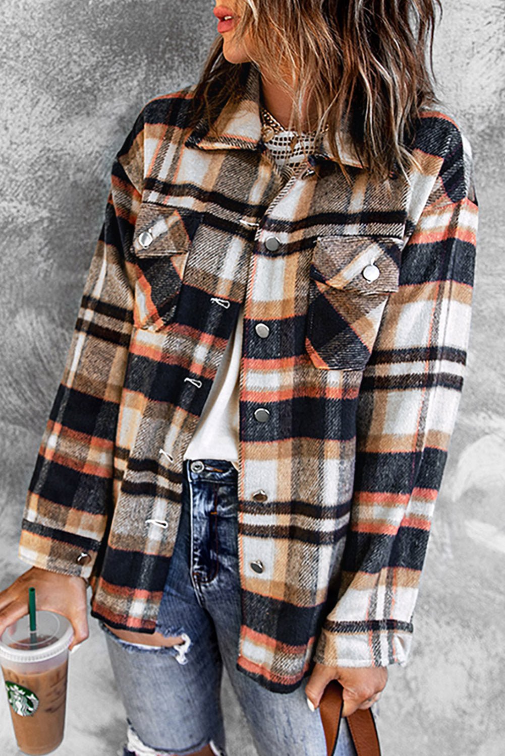Brown Plaid Button Up Long Sleeve Flannel Shacket - MAD RUFFI