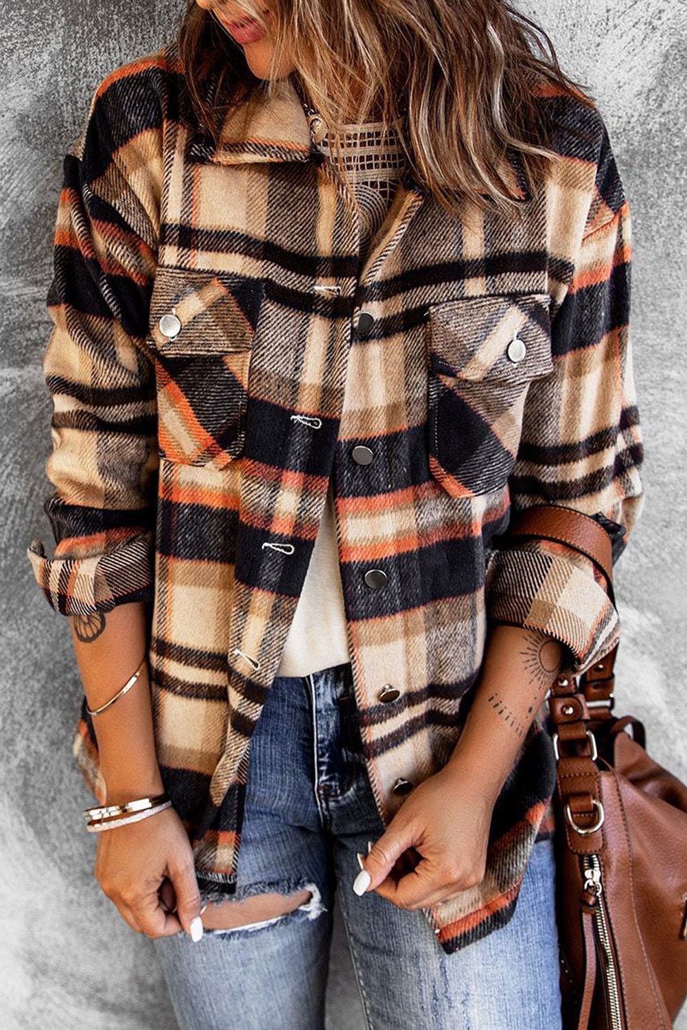 Brown Plaid Button Up Long Sleeve Flannel Shacket - MAD RUFFI
