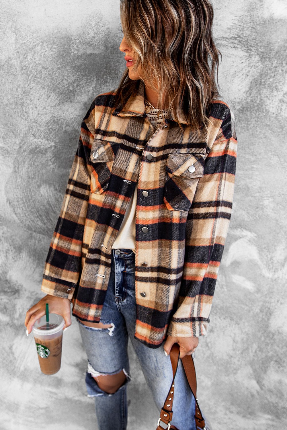 Brown Plaid Button Up Long Sleeve Flannel Shacket - MAD RUFFI