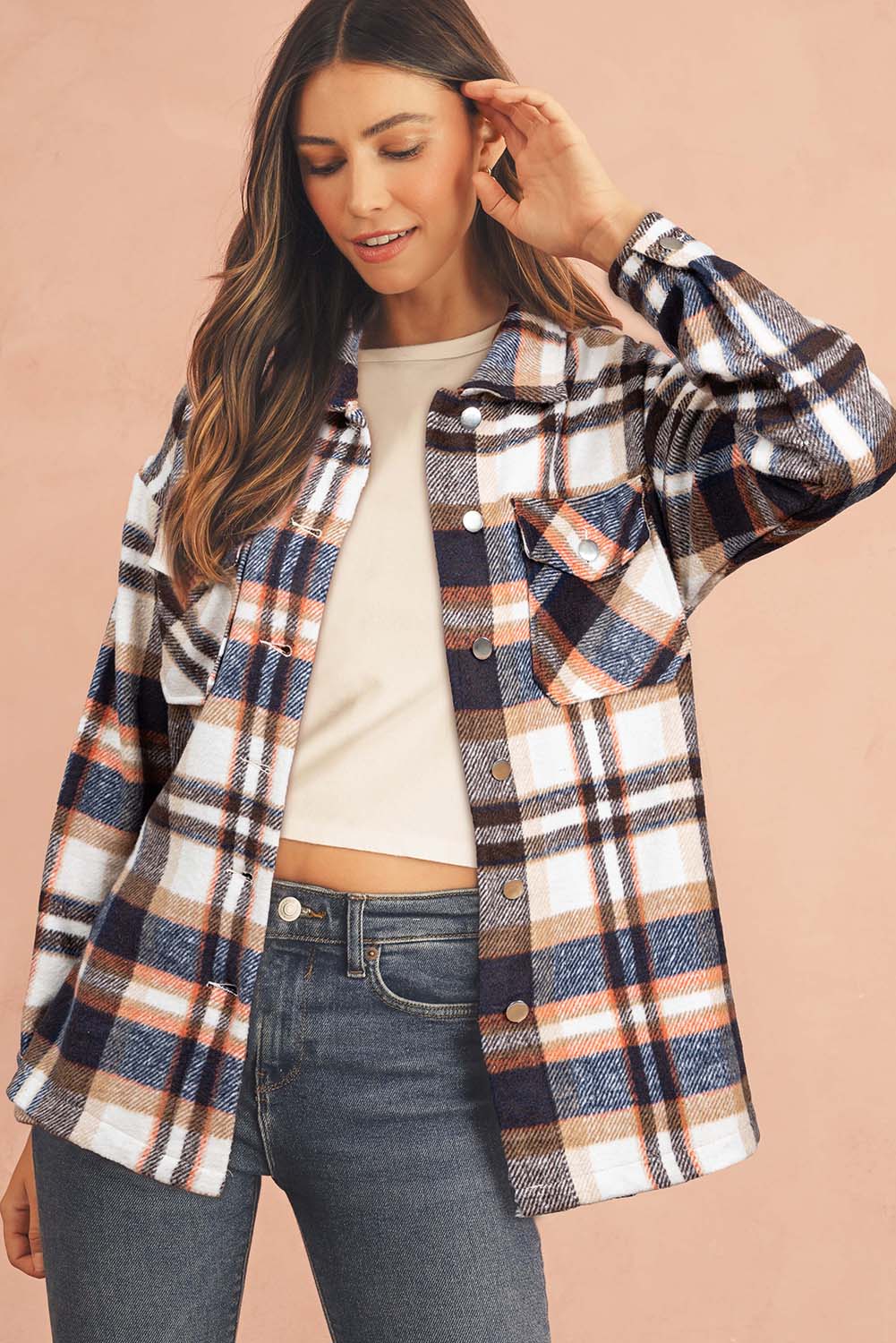 Brown Plaid Button Up Long Sleeve Flannel Shacket - MAD RUFFI