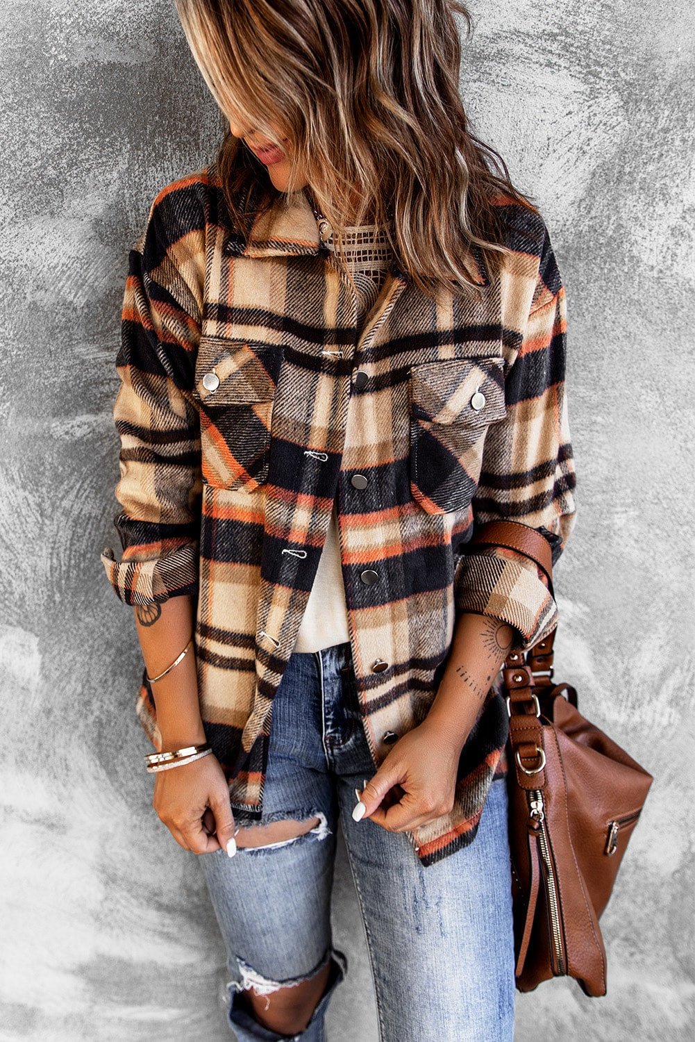Brown Plaid Button Up Long Sleeve Flannel Shacket - MAD RUFFI