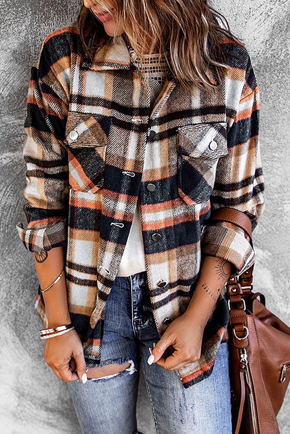 Brown Plaid Button Up Long Sleeve Flannel Shacket - MAD RUFFI