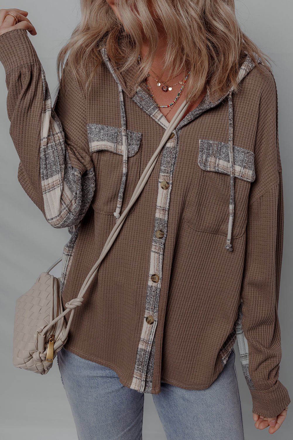 Brown Plaid Patchwork Button Down Drawstring Hooded Shacket - MAD RUFFI
