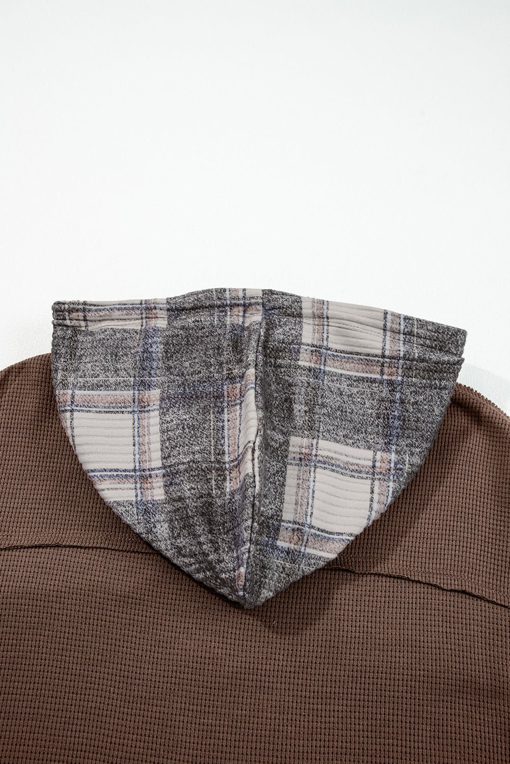 Brown Plaid Patchwork Button Down Drawstring Hooded Shacket - MAD RUFFI
