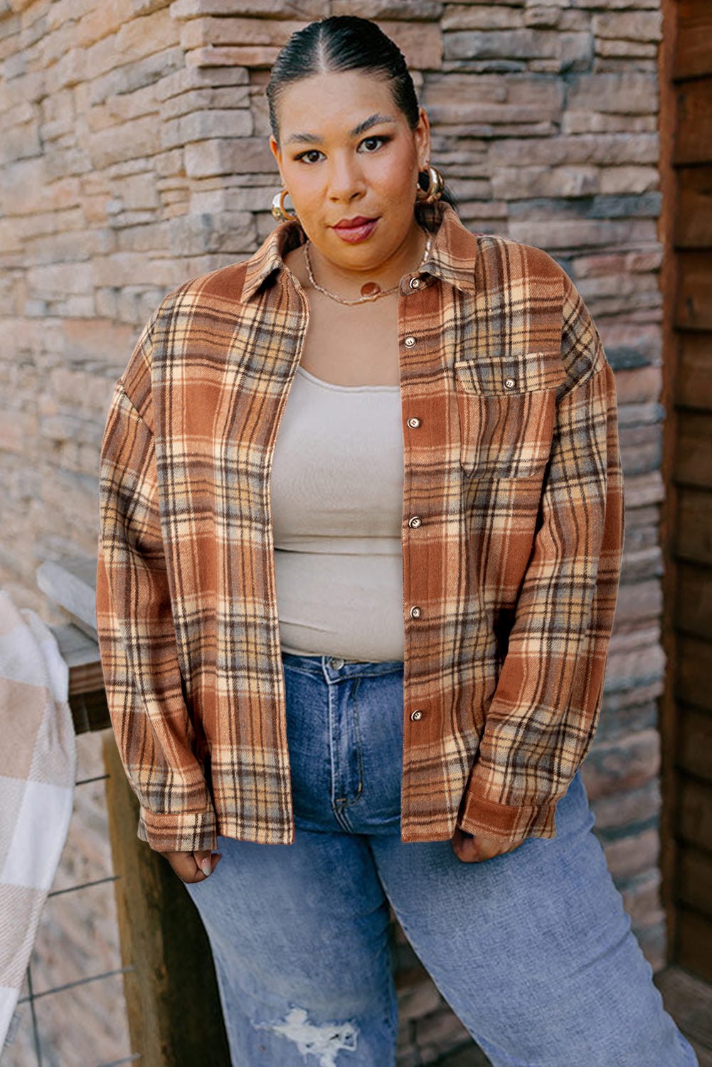 Brown Plaid Print Flap Pocket Button Plus Size Shirt - MAD RUFFI