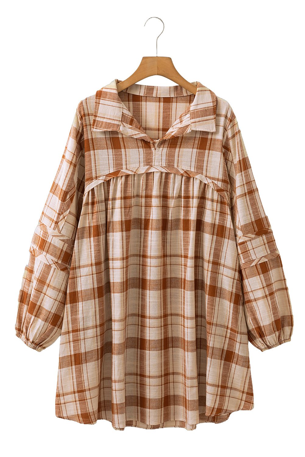 Brown Plaid Print Side Pockets Frill Babydoll Mini Dress - MAD RUFFI