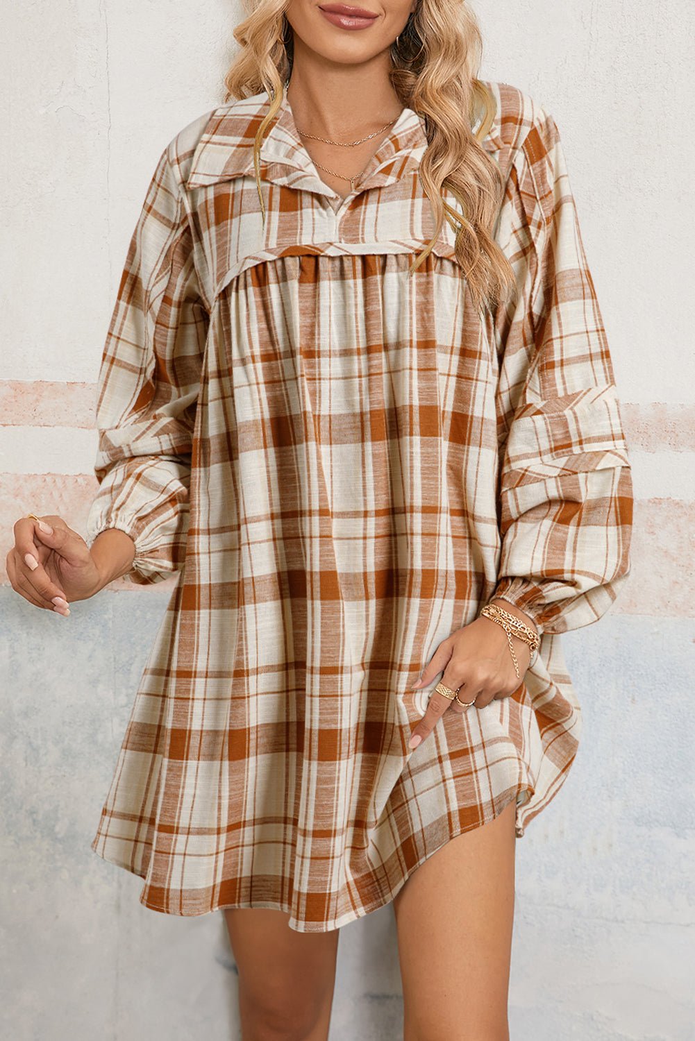 Brown Plaid Print Side Pockets Frill Babydoll Mini Dress - MAD RUFFI