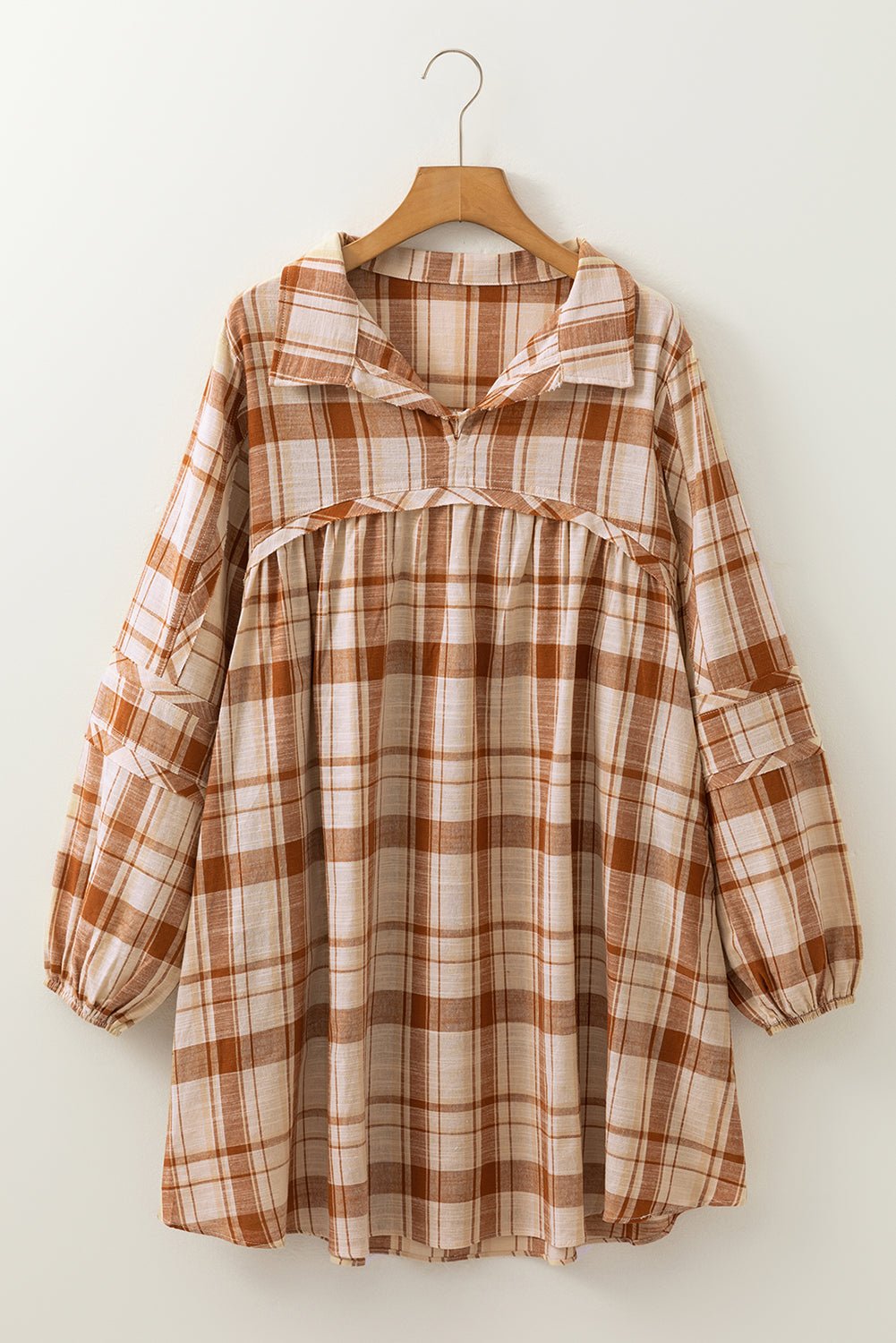 Brown Plaid Print Side Pockets Frill Babydoll Mini Dress - MAD RUFFI