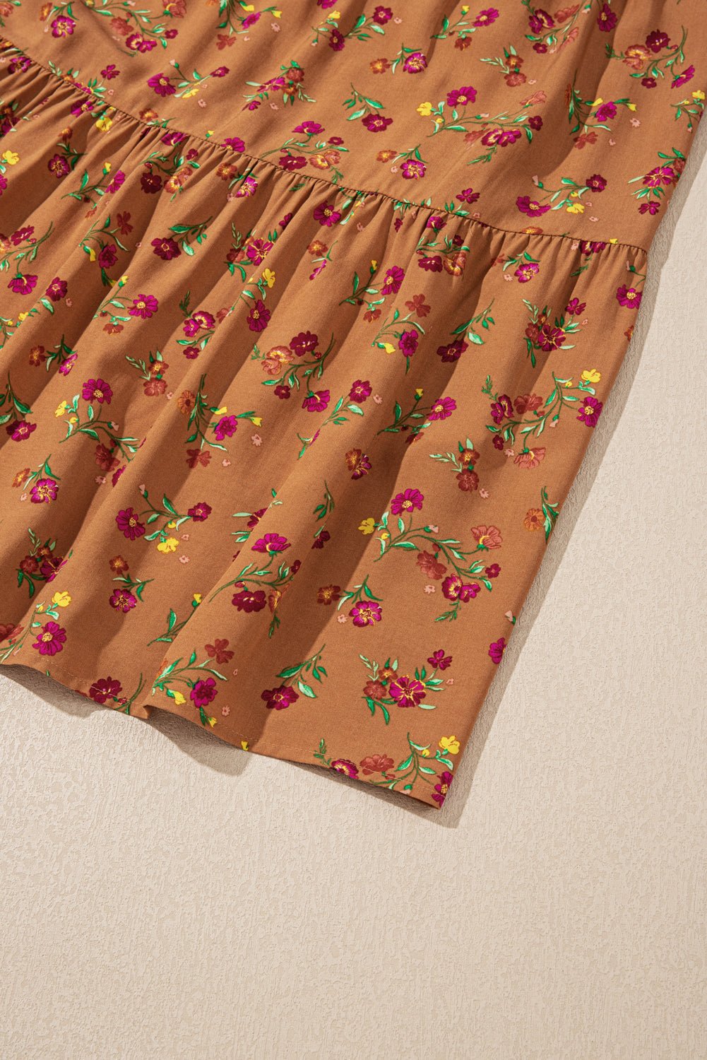 Brown Plus Size Floral Split V Neck Ruffled Sleeve Tiered Maxi Dress - MAD RUFFI