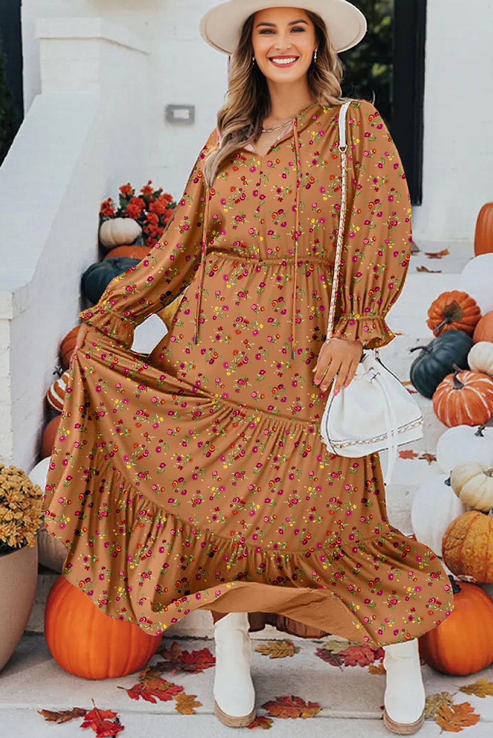 Brown Plus Size Floral Split V Neck Ruffled Sleeve Tiered Maxi Dress - MAD RUFFI