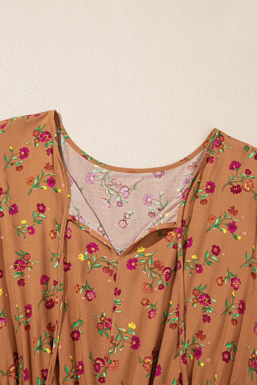 Brown Plus Size Floral Split V Neck Ruffled Sleeve Tiered Maxi Dress - MAD RUFFI